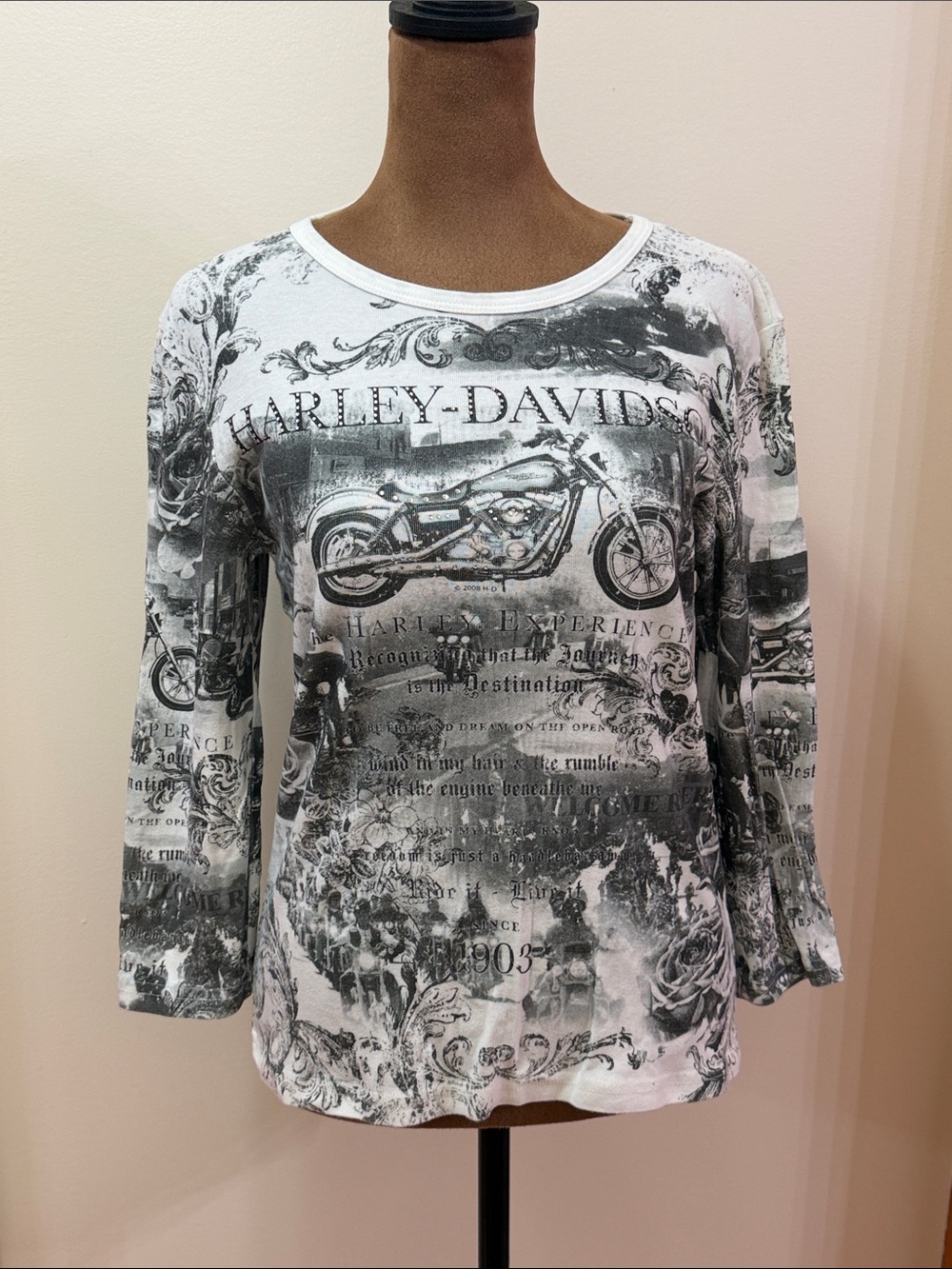 Harley-Davidson Black & White Motorcycle Graphic Long Sleeve Tee Size Medium